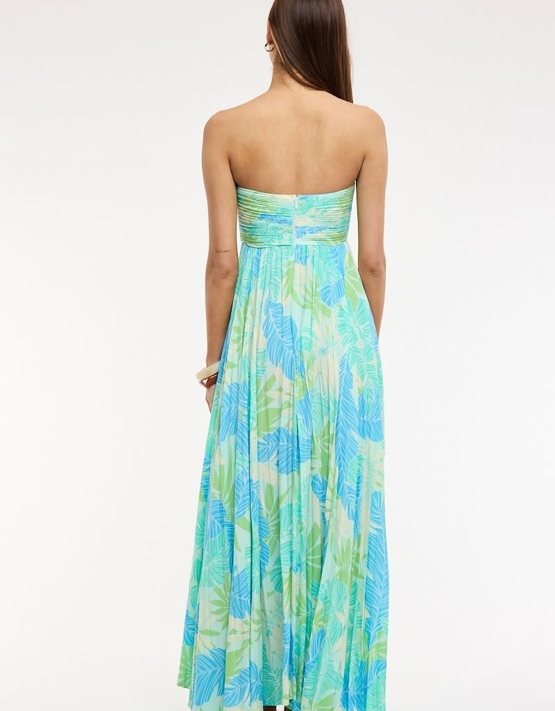 Tropical Leaf Accordian Ruffle Tube Maxi Dress