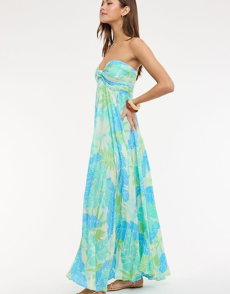Tropical Leaf Accordian Ruffle Tube Maxi Dress