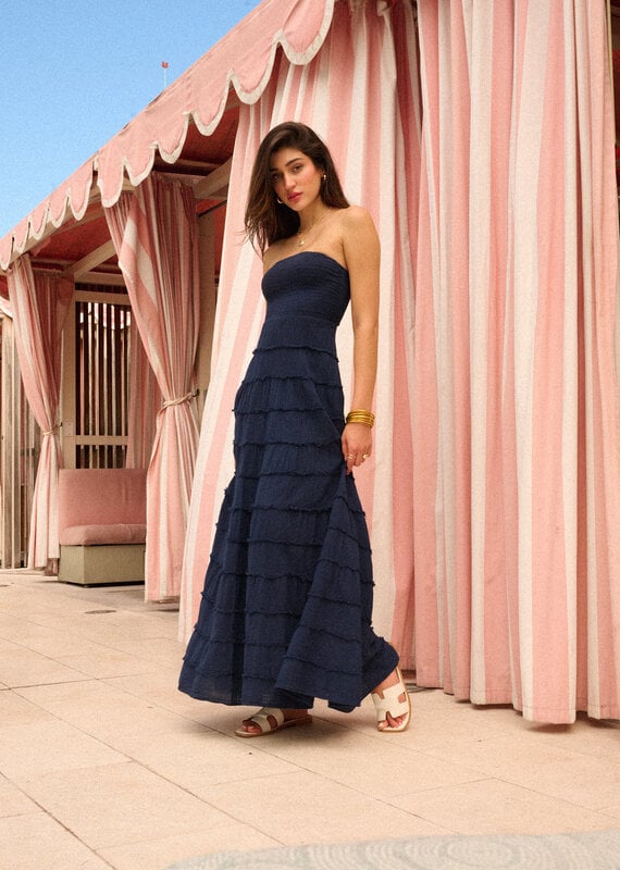 Rosaline Strapless Frayed Textured Maxi Dress