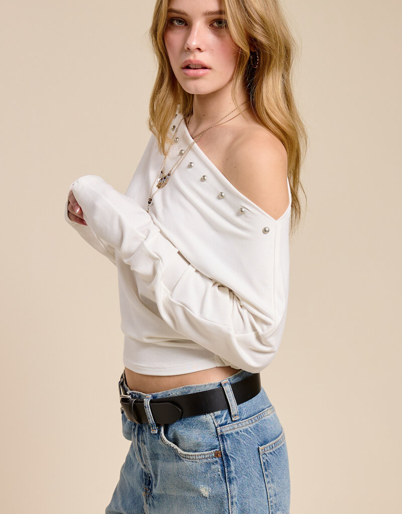 Stud Detail Long Sleeve Off Shoulder Top