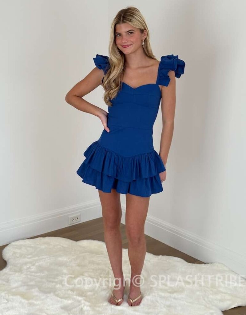 Solid Ruffle Shoulder Tiered Mini Dress