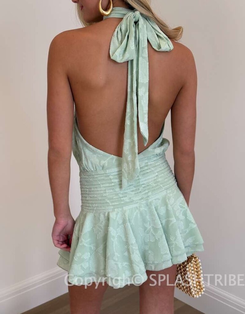 Floral Embossed Waist Tie Backless Mini Dress