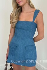 Denim Double Pocket Square Neck Mini Dress