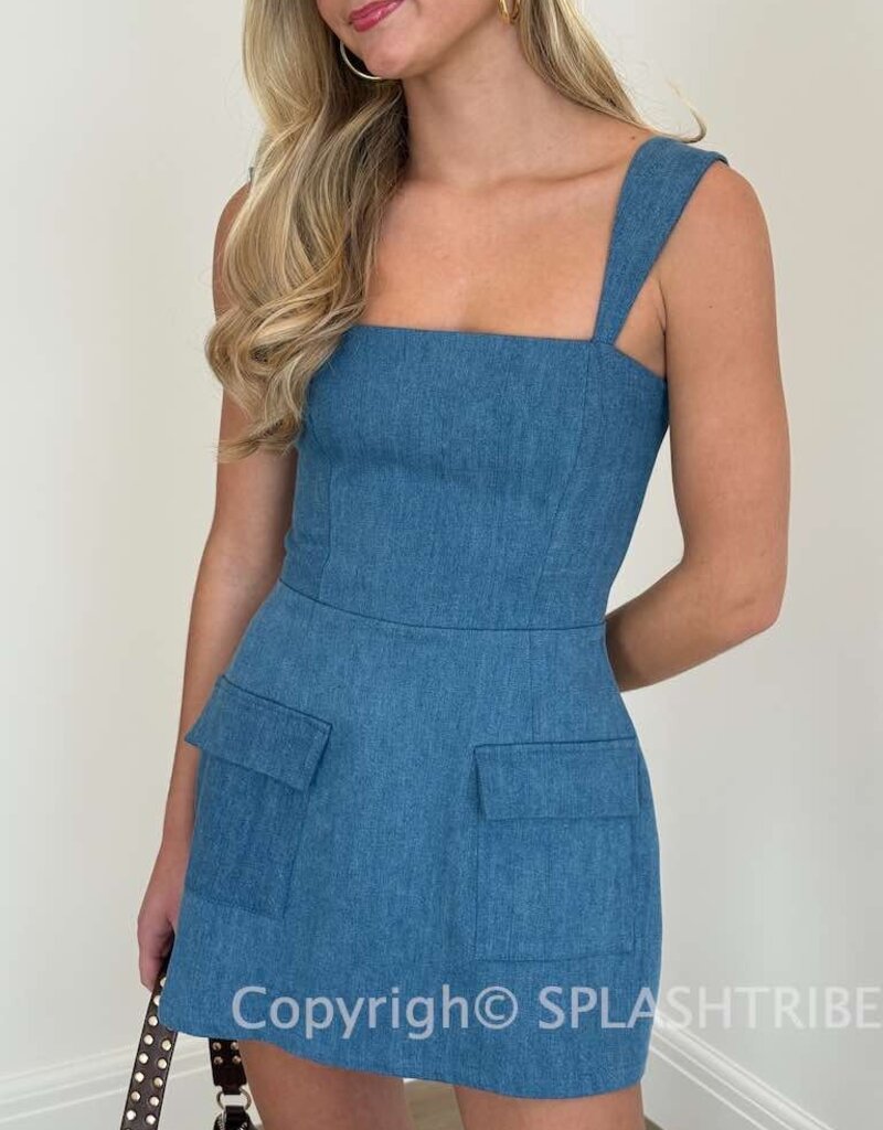 Denim Double Pocket Square Neck Mini Dress