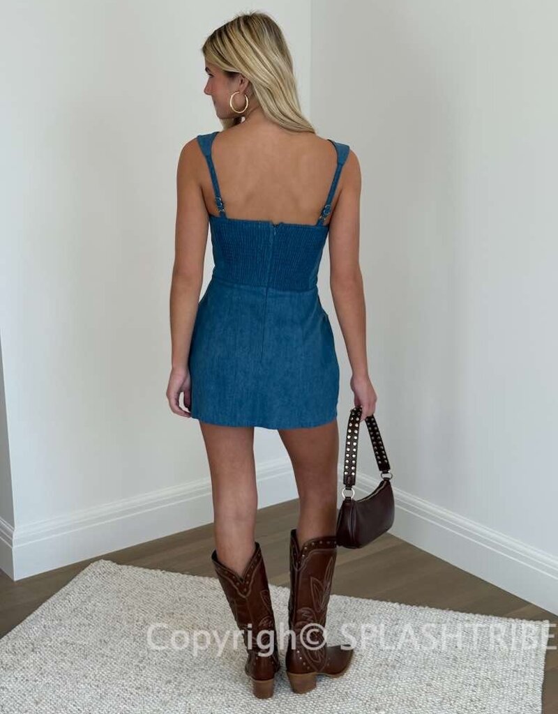 Denim Double Pocket Square Neck Mini Dress
