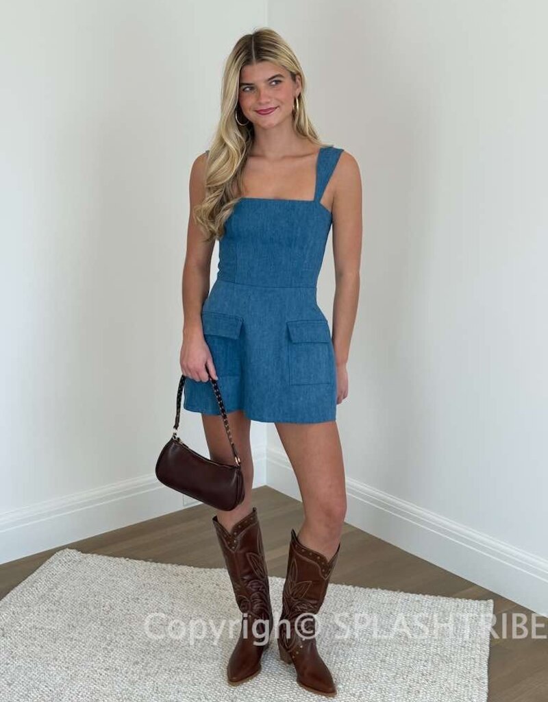 Denim Double Pocket Square Neck Mini Dress
