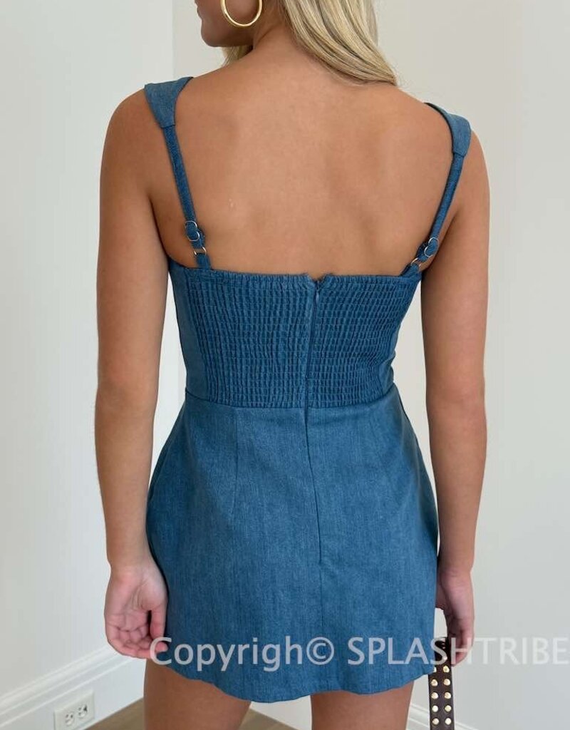 Denim Double Pocket Square Neck Mini Dress