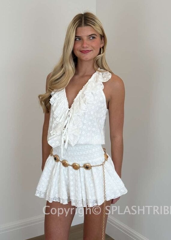 Eyelet Cascading Ruffle Layered Mini Dress