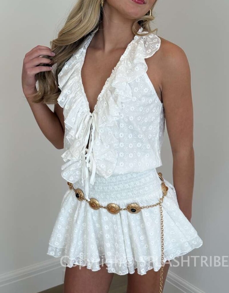 Eyelet Cascading Ruffle Layered Mini Dress