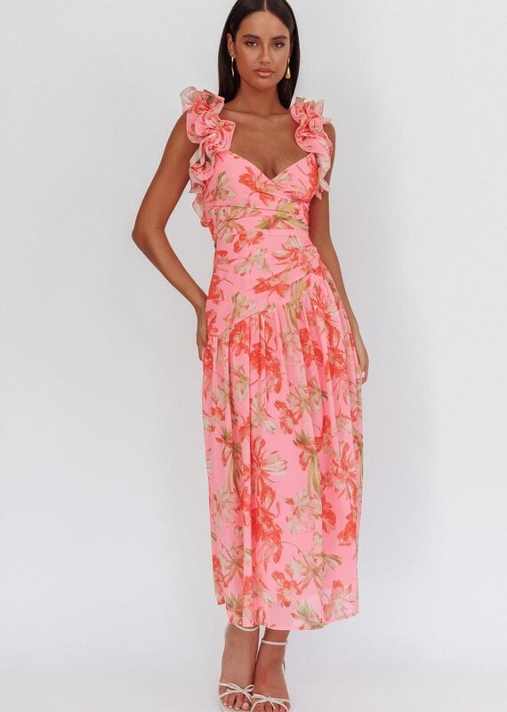Floral Ruffle Strap Drop Waist Maxi Dress