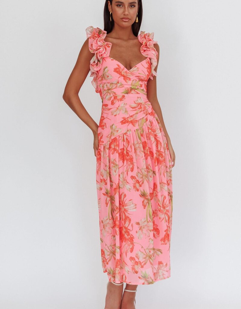 Floral Ruffle Strap Drop Waist Maxi Dress