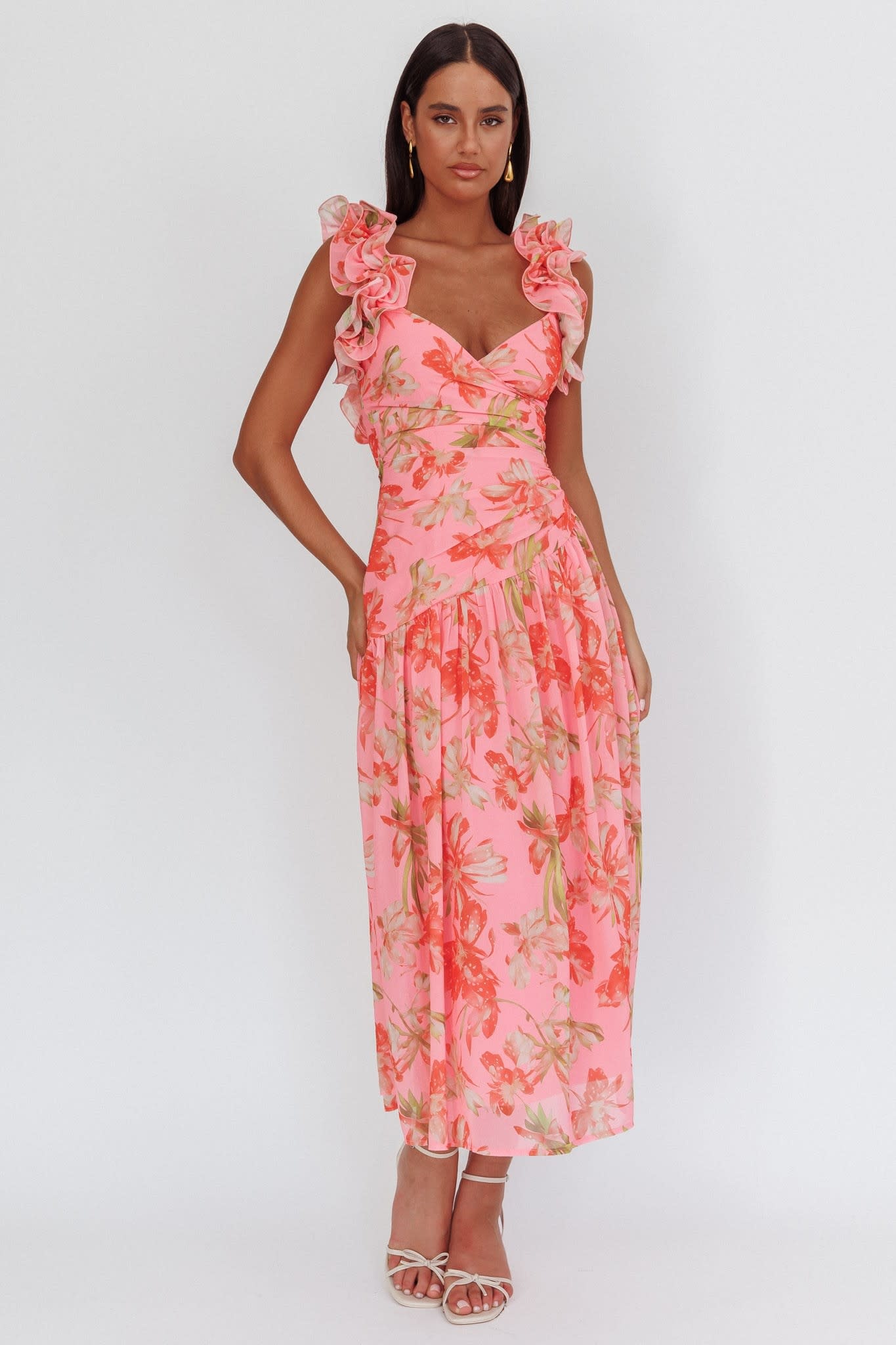 Floral Ruffle Strap Drop Waist Maxi Dress - SPLASH Floral Ruffle Strap Drop Waist Maxi Dress - SPLASH