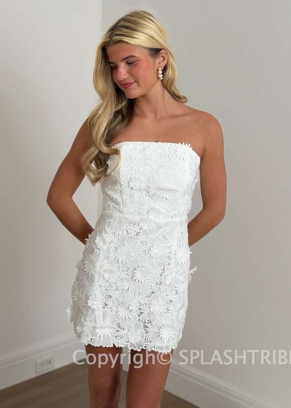 Strapless Flower Applique Lace Fitted Mini Dress
