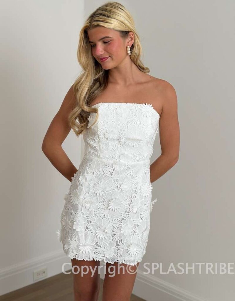 Strapless Flower Applique Lace Fitted Mini Dress