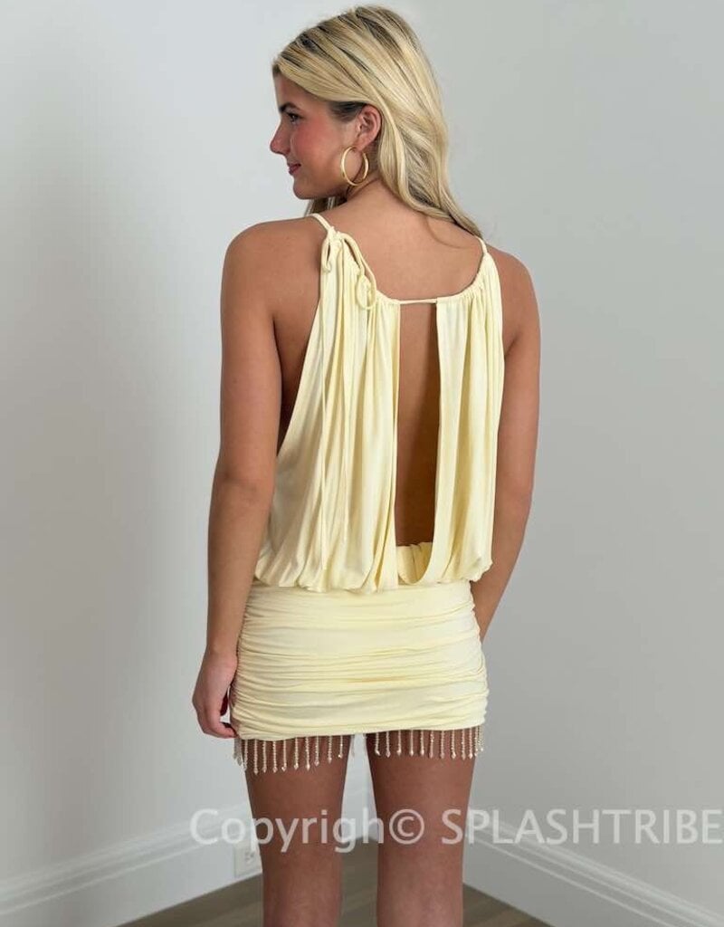 Halter Neck Ruched Mini Dress With Bead Fringe