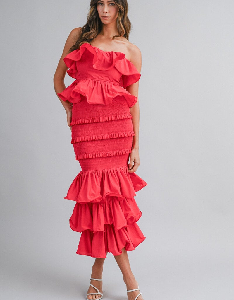 Ruffle Tube Top and Ruffle Tiered Midi Skirt Set