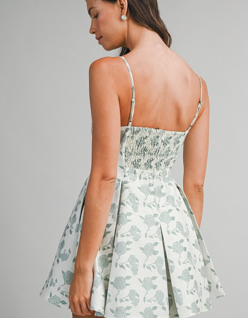 Floral Jacquard Pleated Mini Dress