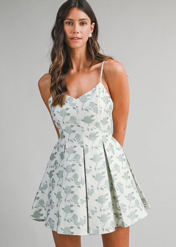 Floral Jacquard Pleated Mini Dress