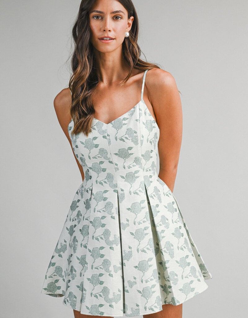 Floral Jacquard Pleated Mini Dress