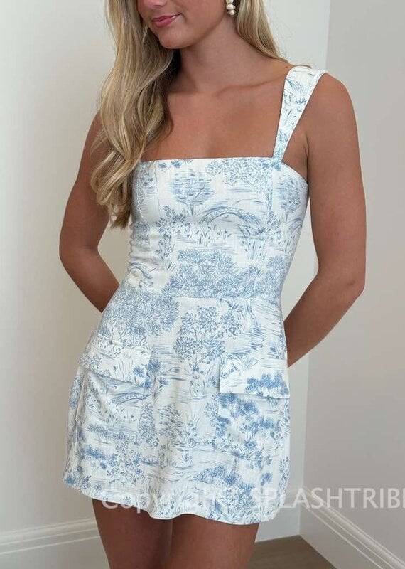 Toile Double Pocket Square Neck Mini Dress