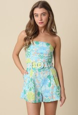 Tropical Strapless Belted Romper
