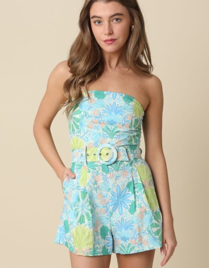 Tropical Strapless Belted Romper