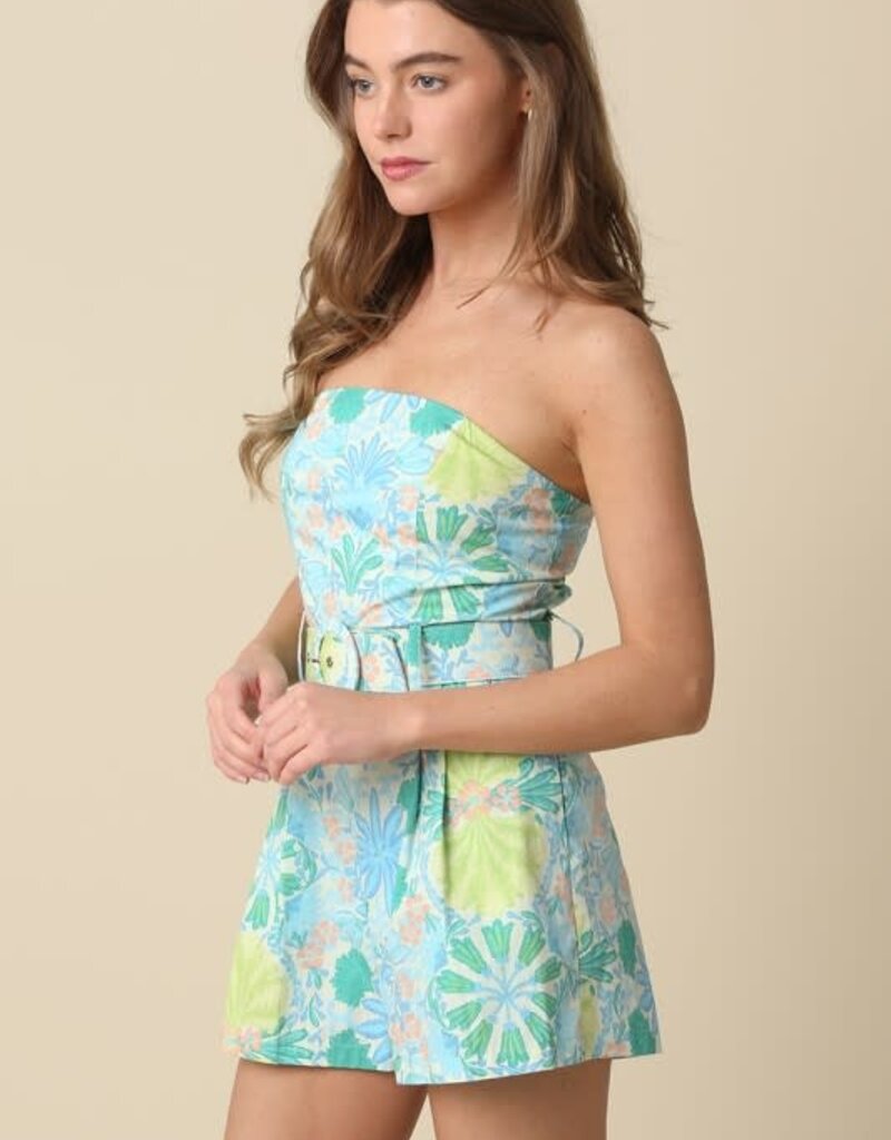 Tropical Strapless Belted Romper