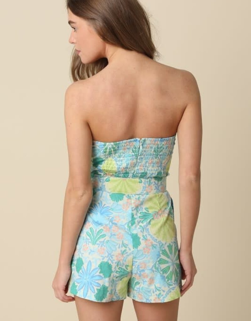 Tropical Strapless Belted Romper