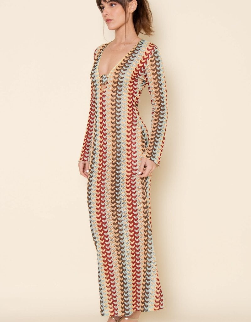 Crochet Long Sleeve V Neck Maxi Dress Coverup