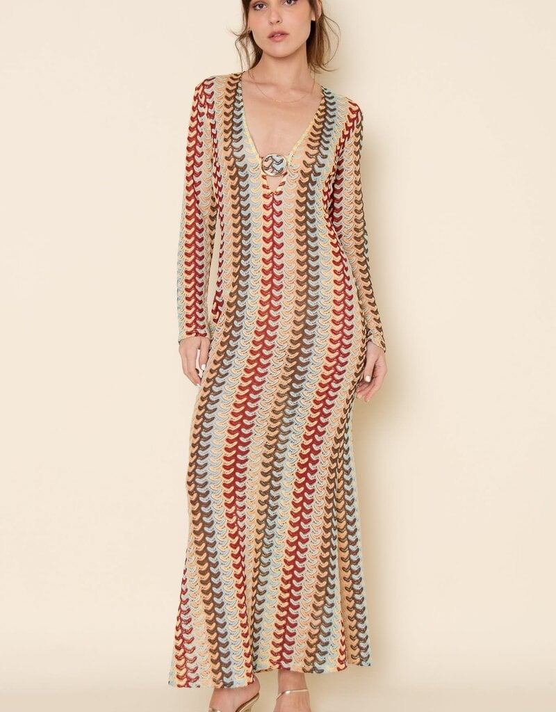 Crochet Long Sleeve V Neck Maxi Dress Coverup
