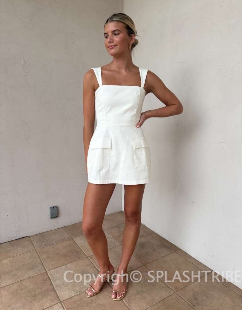Linen Double Pocket Square Neck Mini Dress