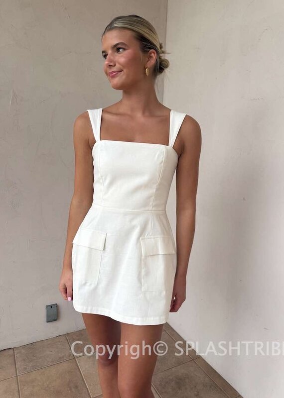 Linen Double Pocket Square Neck Mini Dress