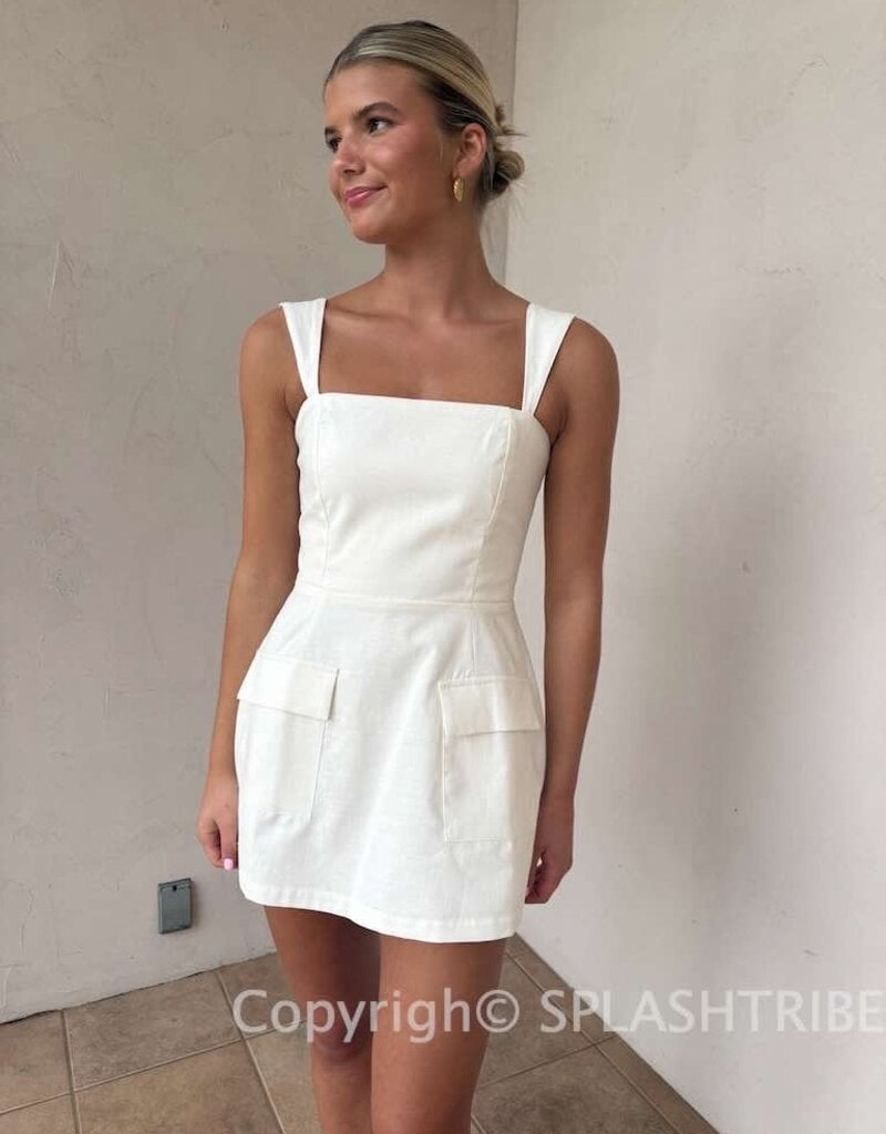 Linen Double Pocket Square Neck Mini Dress
