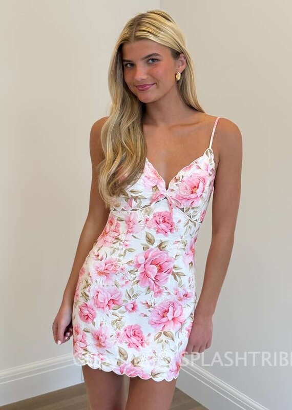 Floral Eyelet Scallop Cut V Neck Mini Dress
