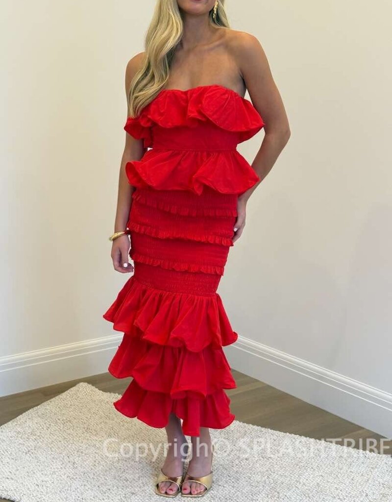 Ruffle Tube Top and Ruffle Tiered Midi Skirt Set