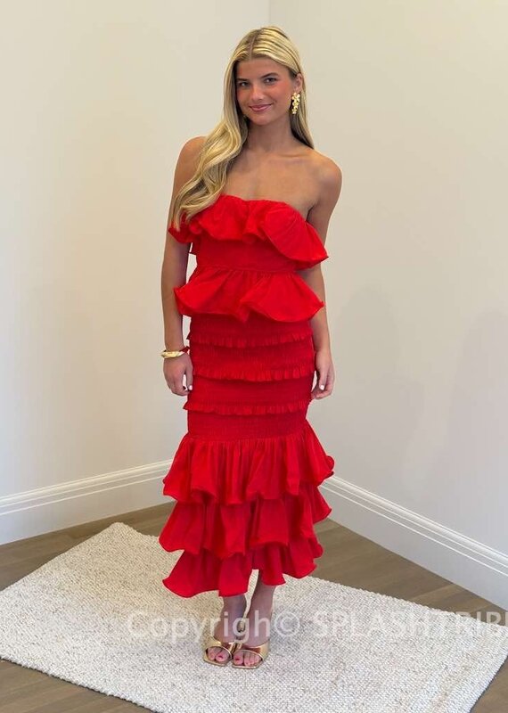 Ruffle Tube Top and Ruffle Tiered Midi Skirt Set