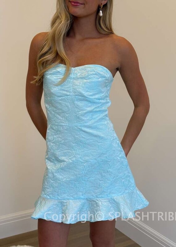 Strapless Jacquard Ruffle Hem Mini Dress