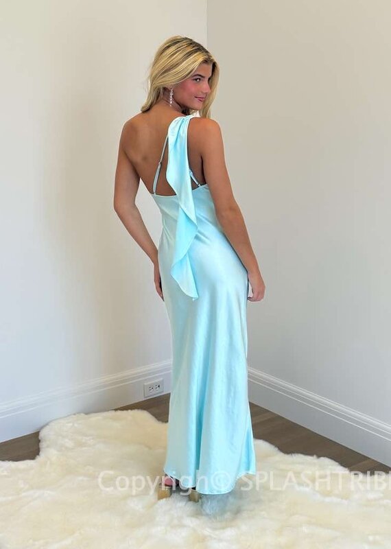 Satin One Shoulder Frill Maxi Dress
