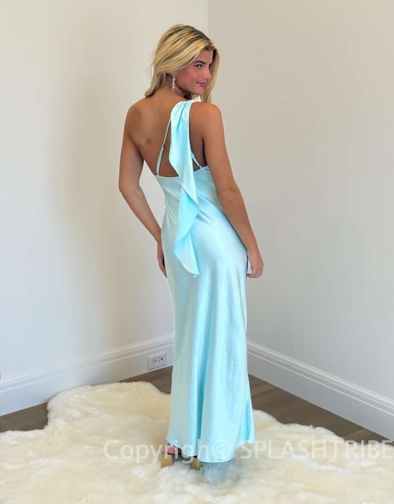 Satin One Shoulder Frill Maxi Dress