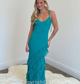 Tie Shoulder Diagonal Ruffle Trim Maxi Dress