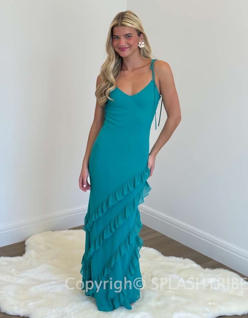 Tie Shoulder Diagonal Ruffle Trim Maxi Dress