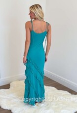 Tie Shoulder Diagonal Ruffle Trim Maxi Dress