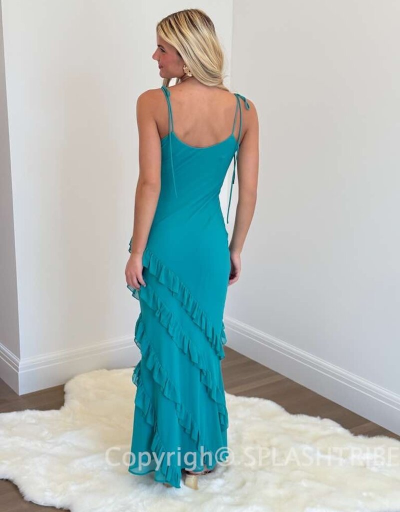 Tie Shoulder Diagonal Ruffle Trim Maxi Dress