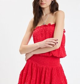 Lace Smocked Waist Strapless Mini Dress