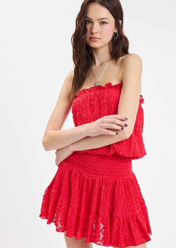 Lace Smocked Waist Strapless Mini Dress