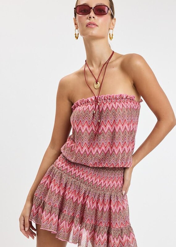 Vintage Chevron Smocked Waist Strapless Mini Dress