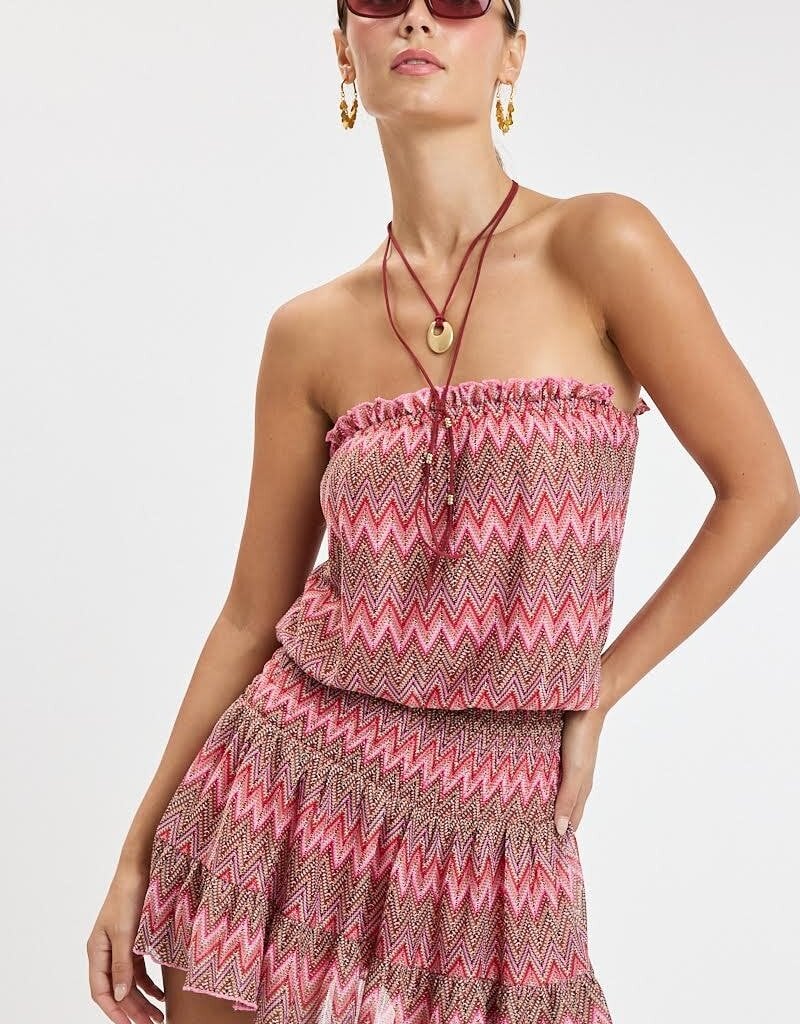 Vintage Chevron Smocked Waist Strapless Mini Dress