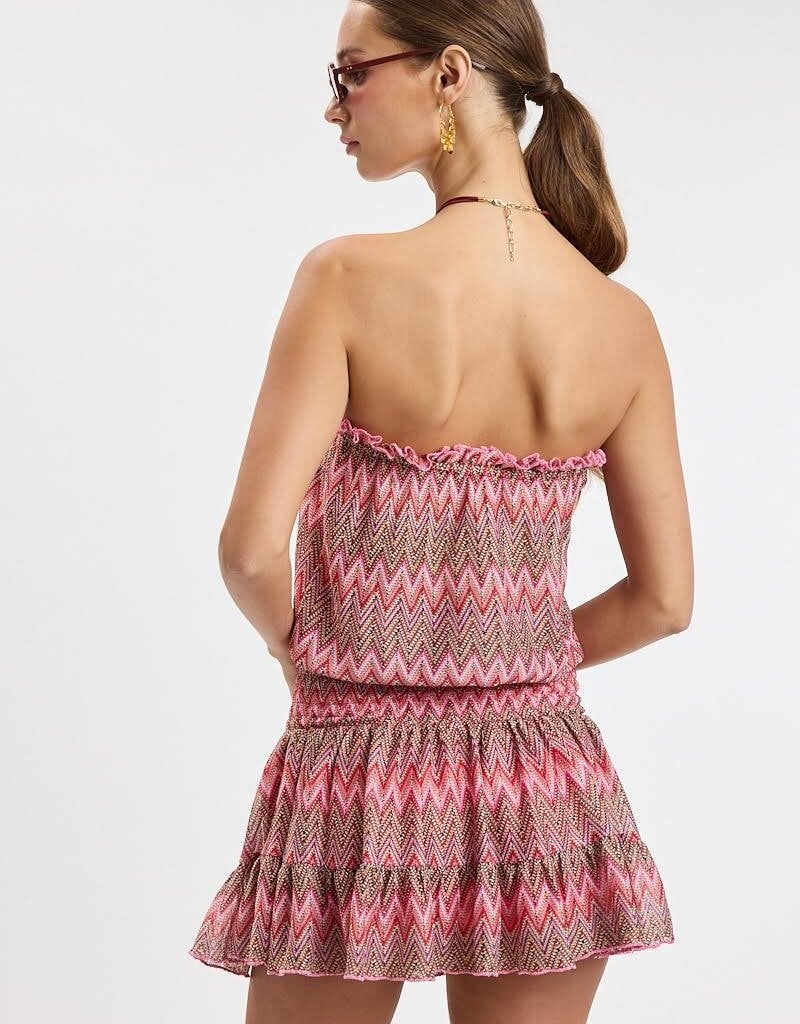 Vintage Chevron Smocked Waist Strapless Mini Dress