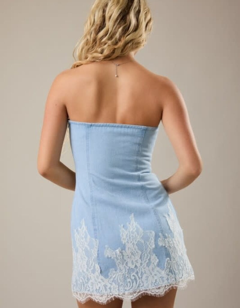 Strapless Denim Mini Dress With Lace Trim