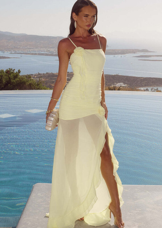 Eziya Ruched Frill Trim Maxi Dress